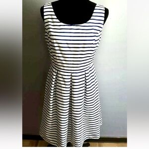 TIANA B. DRESS 100% COTTON FIT& FLARE A-LINE STRIPED LINED NAUTICAL BLUE WHT 10